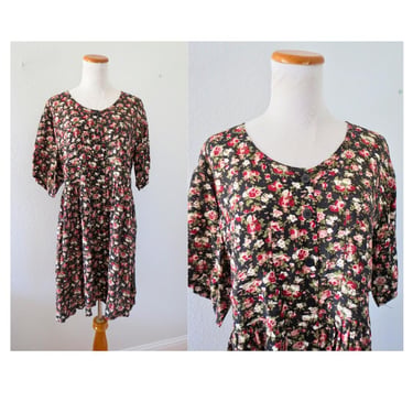 Vintage 90s Floral Dress - Black Flower Print Rayon Babydoll - Mini Boho Whimsigoth - Size Large 