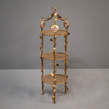 Antique French Ornate 3 Tiered Gilt Metal Lattice Etagere Featuring Various Painted Porcelain Courting Scene Accents & a Rose Motif Throughout