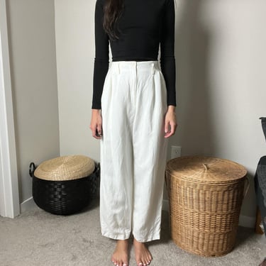 90s vintage ann taylor white linen minimalist high waisted rise pleated front straight leg trousers pants 