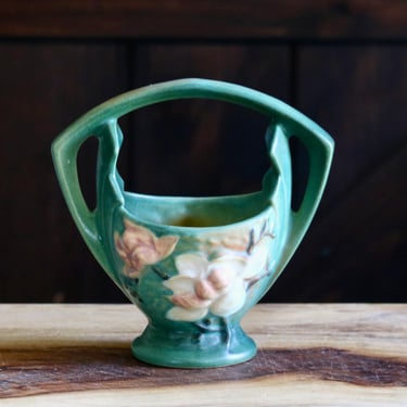 Vintage Roseville Magnolia Basket, Elegant Spring Decor, Floral Basket Vase with Handle, Ceramic Plant Holder, Collector Gift, Grannycore 