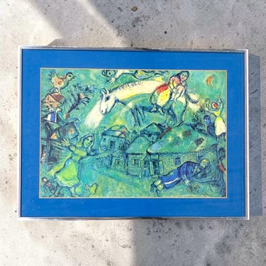 Vintage Marc Chagall Print Retro 1980s Size 24x18 + "House In My Village" + Framed + Blue Mat Board + Wall Art/Decor 