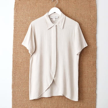 Vintage Beige Check Print Blouse, 90s Rayon Button Up Shirt, S / M 