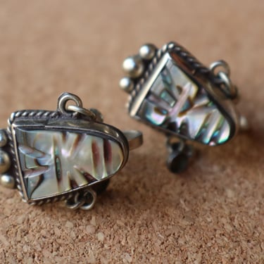 Face EARRINGS / Abalone Silver Screw Back Earrings / Vintage Mexican Sterling Earrings 