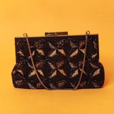 60s Black Beaded Mod Evening Geometric Bag Vintage 1960s Chain Strap Kiss Lock Cocktail Party Clutch Purse 