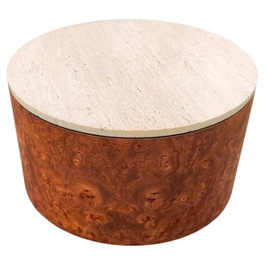 Milo Baughman for Thayer Coggin Ash Burl & Travertine Drum Coffee Table