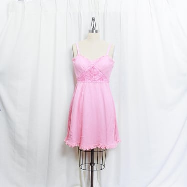 2000s Light Pink Betsey Johnson Silk Mini Dress Vintage Y2K Embroidered Ruffle Babydoll Strappy Dress 