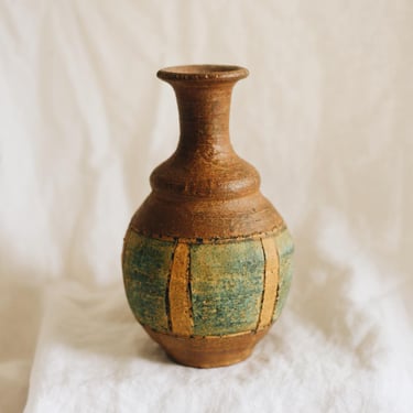 Vintage Handmade Clay Vase, Rustic Green Folk Art Pottery Vessel, Primitive Earthenware Vase, Wabi Sabi Decor, 8 Inch 