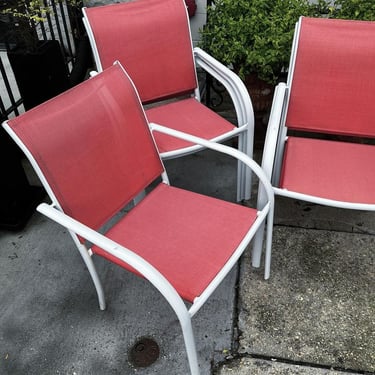 Mesh and aluminum patio chairs. Stackable! Pretty comfy too! 6 available