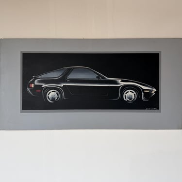 1980s Schamerhorn Classic Black Porsche 928 Oil on Canvas Painting – Signed, Unframed 