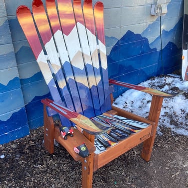 Burnt Orange Sunset Blue Mystic Mountains, Recycled Ski Chairs, hand painted, handcrafted in Colorado, Made 100% in the USA, quality chairs 