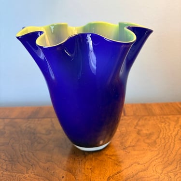 Gorgeous cased Glass ruffled edge cobalt vase