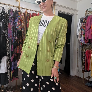 90s Chartreuse Striped Blazer // Neon Green Bold Power Blazer Vintage 90s Statement Work Jacket 