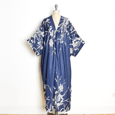 vintage 80s caftan dress navy white floral print Hawaiian muumuu lounge maxi 5X 