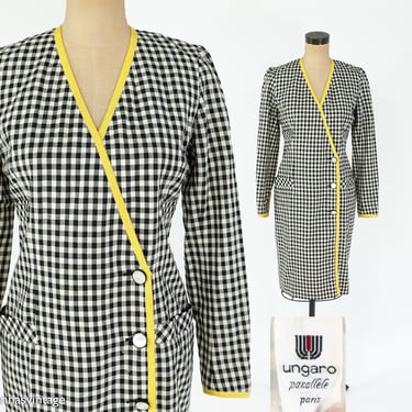Ungaro | 1980s Black White Wool Dress | 80s Black Check Dress | Ungaro Paris | Sm 