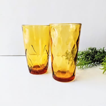 Vintage Hazel Atlas Optic Diamond El Dorado Amber Glasses, 1970s Boho Tumblers, Mismatched Set of 2 