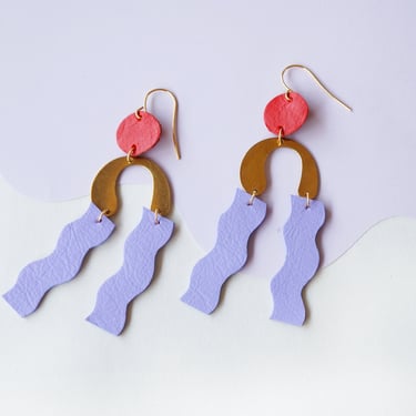 Parallel Waves Squiggle Statement Earrings in Purple + Red made from Upcycled Leather w/ Gold-Plated Hooks + Brass Arches 