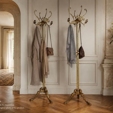 Couple Vintage Italian Brass Coat Racks: Ornate Hollywood Regency Hall Stands 