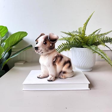 Vintage 1950s Lefton Ceramic Puppy Dog Planter, MCM Mid Century Pottery Dog Figurine Vase with Glass Eyes, Japan 