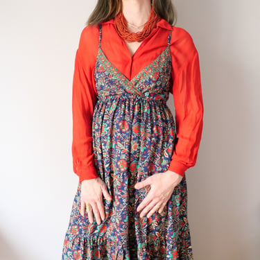 Vintage Indian Maxi Dress: Red Blue Floral Print, Boho Cottagecore (Size M/L) 