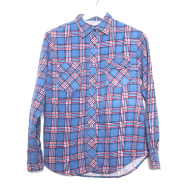 vintage tri-color MID century BLUE check plaid 1950s boxy FLANNEL button down shirt -- size medium -- made in the U.S.A 