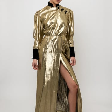 Christian Dior 1980s Lamé Liquid Gold Long Sleeve Dress with front slit 