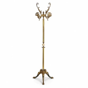 Vintage Italian Brass and Onyx Hall Tree Coat Rack with Rotating Crown 