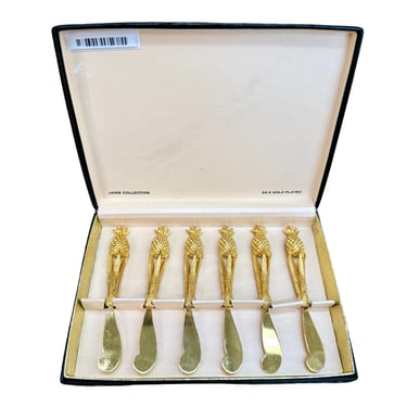 Mid century gold pineapple spreaders | 24k gold plated | set of 6 in box | vintage cocktail spreaders | Tancraft Janis Collection 