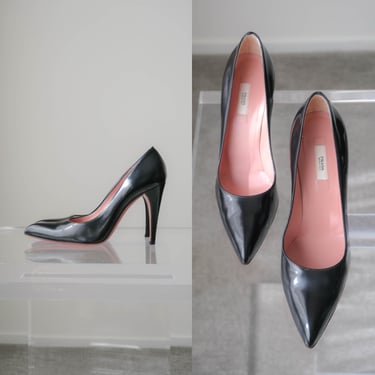 Vintage PRADA FW 2002 Black Pointy Toe Blush Pink Sole Pumps w/ Box & Dust Bag | Made in Italy | Size 39.5 | Y2K PRADA Designer Heels 