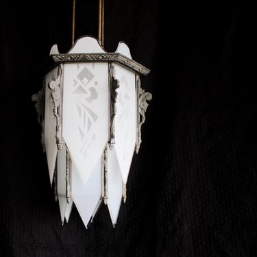 Antique Art Deco 4 Light Hanging Pendant Lamp Chandelier With Stenciled Frosted Glass Panels 