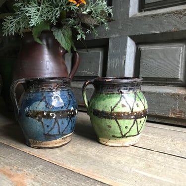 Antique Pottery Jug, Small Pitcher, Green Blue Glazed Terra Cotta, Flower Vase, Rustic European Farmhouse, Farm Table, Sold by Each 