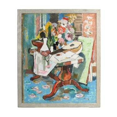Cubist Mid Century Modern Interior Still Life Oil Painting By Hans Schroers