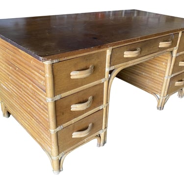 Restored Mid-century Stacked Rattan Executive Desk W/ Solid Mahogany Top 
