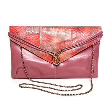 Vintage 80s Pink/Grey/Red Slim Leather and Snakeskin Clutch Bag w/Gilt Chain 