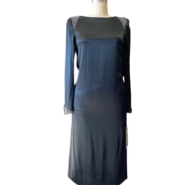 Vintage 1980s black satin rhinestone dress Albert Nipon jeweled epaulette small 
