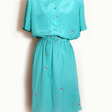 80's Teal Shirt Dress w Tie Belt  Vintage 1980's New Wave style print 