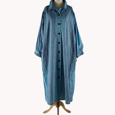 Finnish Vintage Blue Striped Cotton 1970s Oversized Midi Dress Size L 