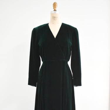 1980s Albert Nipon Dark Green Velvet Midi Dress 