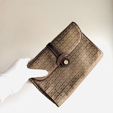 vintage Mark Cross logo print fabric and leather crossbody purse or clutch brown and tan with gold hardware 