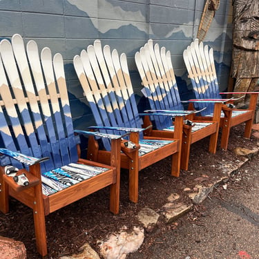 Set of 4 - Custom Mountain Mural Hand Painted Ski Chairs, Recycled Skis, Ski Chair, Hand Crafted, Wood Chairs, Patio Set, Colorado Mountains 