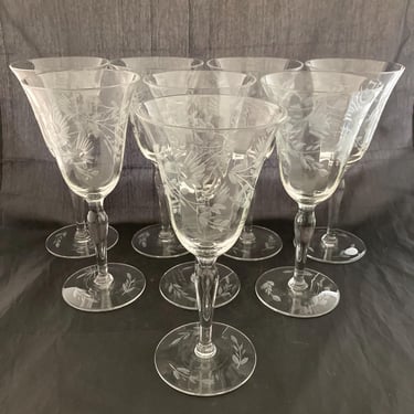 SET OF 2 Art Deco Vintage Tall Floral Etched Crystal Wine Water Goblets 