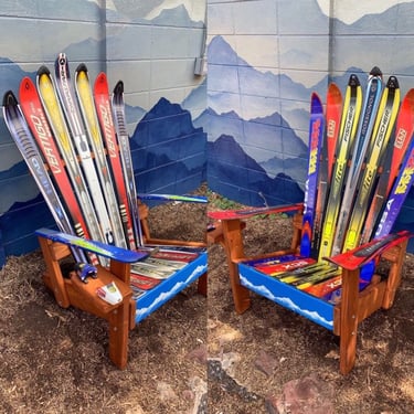 Set of (2) -Original Adirondack Ski Chairs with snowy mountain stripe front boards, Request your favorite colors or ski brands, patio chair 