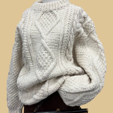 Vintage Fisherman Sweater 1980s Retro Unisex + No Size Tag + 100% Wool + Cream + Oversized + Chunky Knit + Pullover + Handmade in Ecuador 