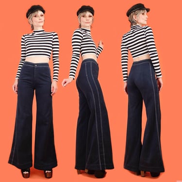 ViNtAgE 70s Brushed Cotton Bell Bottoms // 1970s High Waisted Big Bells // Hippie Disco Rockstar Pants Jeans Flares 27 