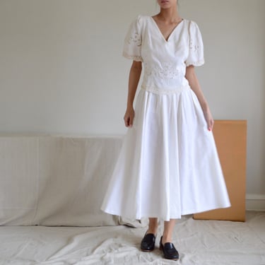 dropwaist cutwork embroiderey bodice full pleated cotton and linen midi dress 