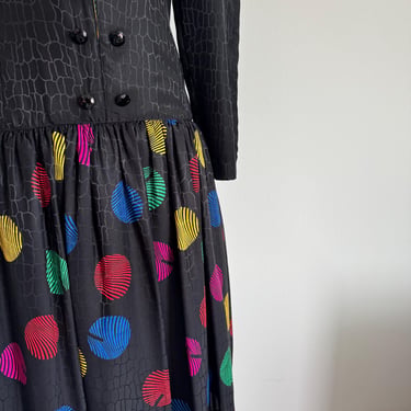 Vintage 80s Louis Feraud Silk Dropwaist Abstract Polka and Snakeskin Design Party Dress; 80s Black Evening Wear with Rainbow Novelty Print 