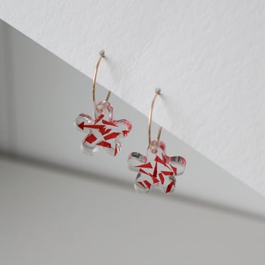 Flower Dangle Earrings, Red, 14k Gold-Filled Hoops, Handmade with Recycled Bottles, Resin Earrings, Up-cycled and Light 