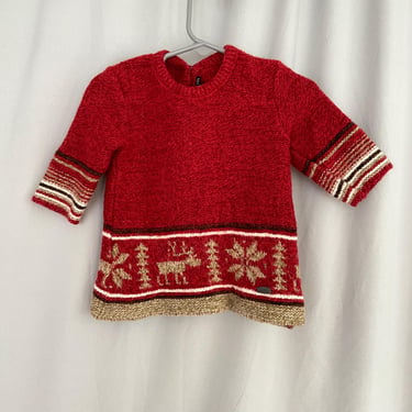 Adorable red infant girls wool Christmas sweater by Giesswein with reindeer, snowflakes.  Red & gray girls pullover sweater made in Austria 