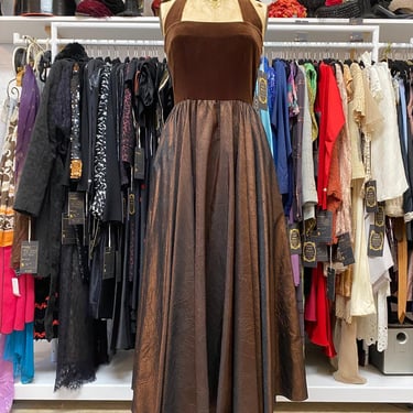 vintage 1980s Bonnie Strauss halter dress brown velvet and taffeta full skirt m 