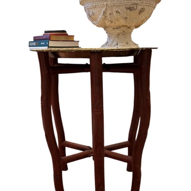 Pretty petite vintage  folding brass tray table with bamboo carved accents 
