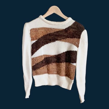 Puff Sleeve Sweater, Vintage 80s Abstract Pattern Jumper, Cream Brown Print Top Chunky Knit Pullover Sweater, Boho Retro Warm Soft Comfy 